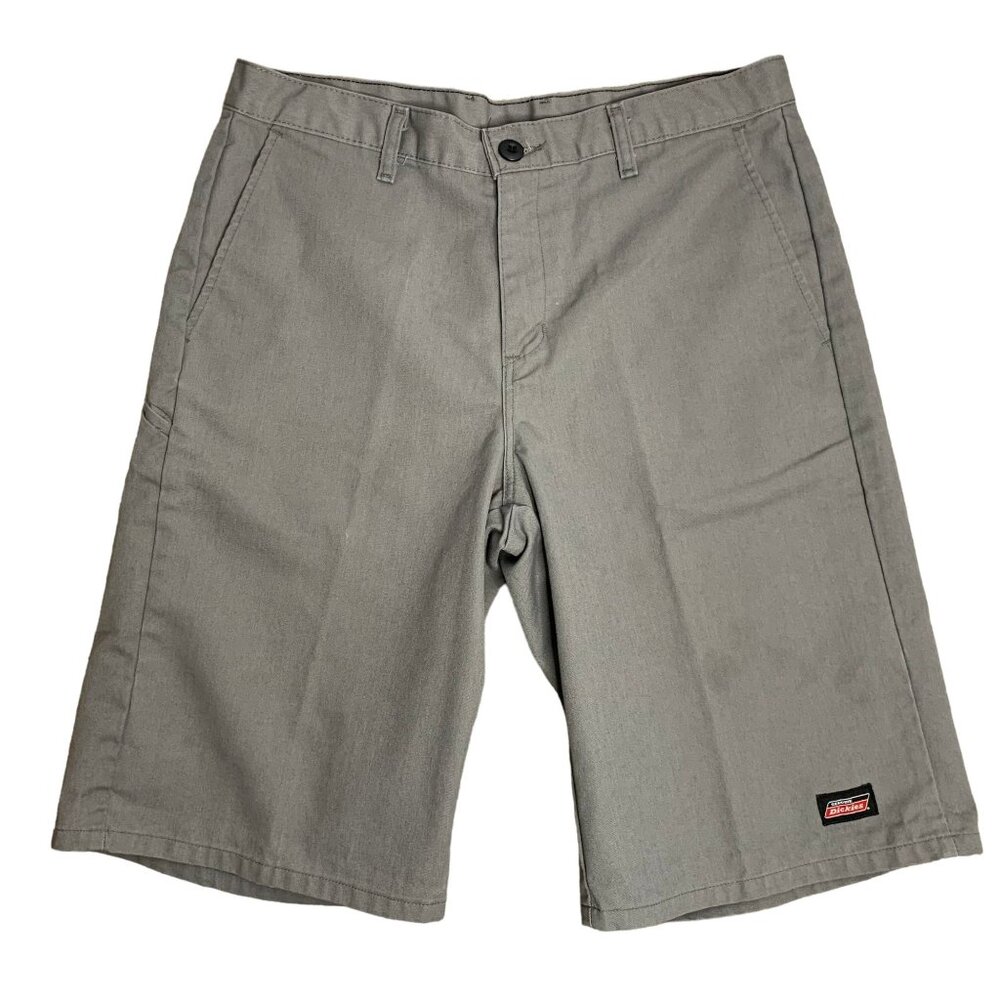 Dickies Loose Fit Work Shorts 32 Grey Flat Front Pockets 12in Belt Loops Button